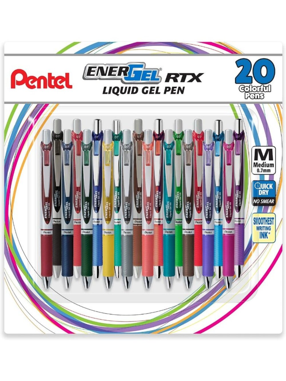 Retractable Liquid Gel Pens, 0.7mm Medium Tip, Assorted Colors, 20 Pack